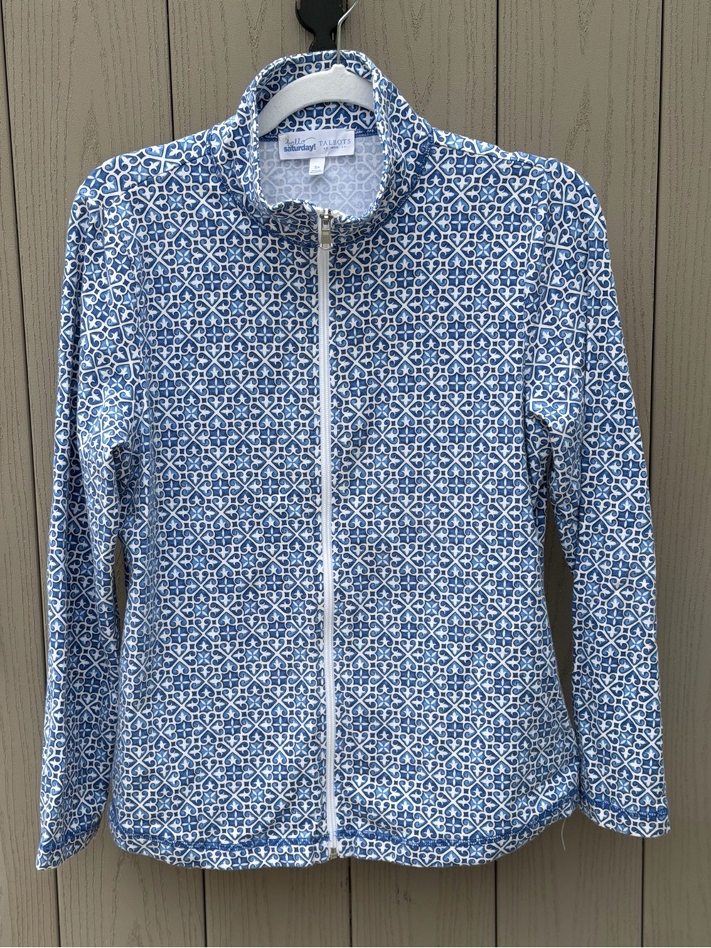 Talbots Blue and White Zip-Up Printed Casual Activewear- Jacket- Pockets -